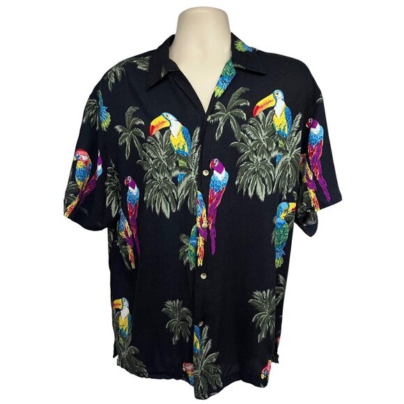 Thums Up Mens Vintage Black Floral Hawaiian Aloha Button Up Shirt Large Birds